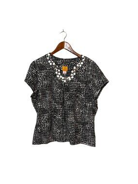 Ruby Rd. Black & White Abstract Print Top With Embellished Neckline XL